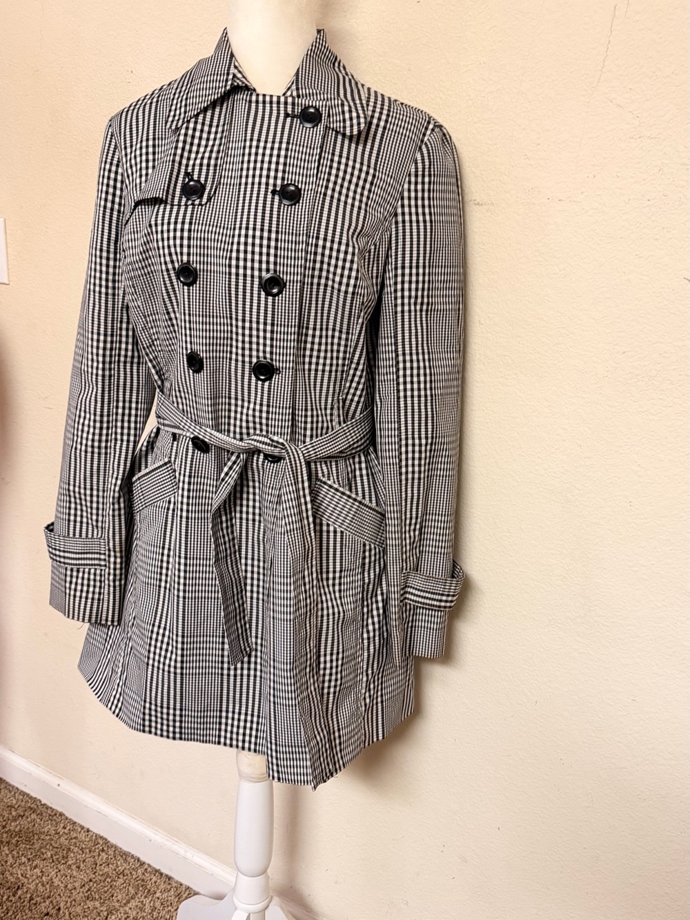Byer California Black & White Plaid Double-Breasted Trench Coat